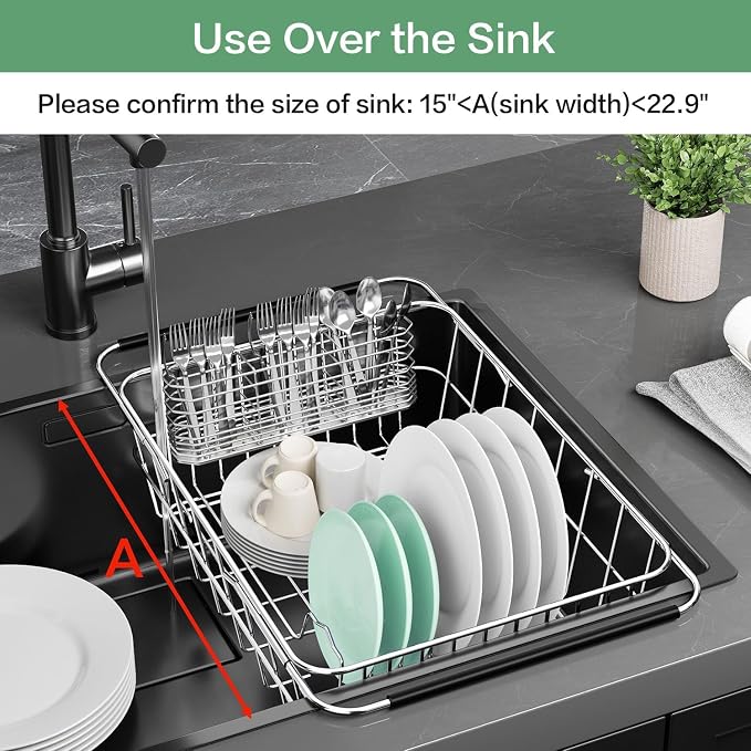 Large Sink Dish Drying Rack, Expandable 304 Stainless Steel Metal Dish Drainer Rack Organizer Shelves with Stainless Steel Utensil Holder Over Inside Sink, Rustproof