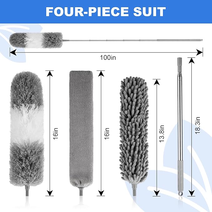 Dusters for Cleaning,Gap Duster and Chenille Duste with Extension Pole | Bendable Head Dusters for Cleaning Ceiling Fan, High Ceiling, Blinds, Furniture