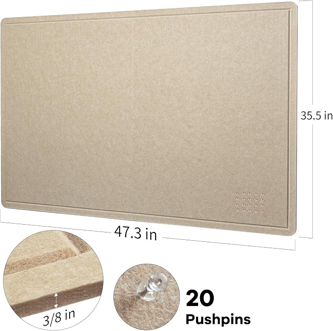 Felt Bulletin Board 48x36 inches, Decorative Pin Board for Home & Office | Cork Board Alternative for Wall with Push Pins, Display Mood Board for Photos, Notes & Reminders