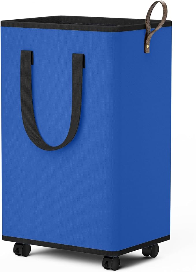 SpaceTrove Rolling Laundry Basket with Wheels, Laundry Hamper, 80L, Blue | Collapsible, 4 detachable wheels including 2 with brakes, sturdy handle, metal frame, for dorms, bathrooms and bedrooms