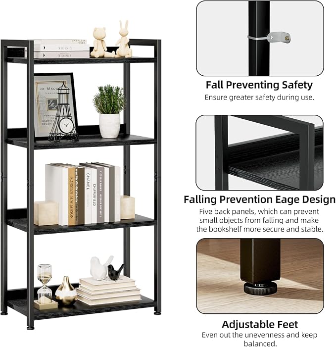 NUMENN Bookshelf, 4 Tier Freestanding Shelving Unit, Black | Metal Frame & Wood Shelves, Falling Prevention Baffle, Open Storage Bookcase for Bedroom, Living Room & Home Office