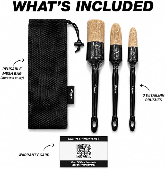 Car Detailing Brush Set, 3 Pack Interior and Exterior Detail Brushes, with Soft Boars Hair Bristles for Auto Interior & Exterior - for Cleaning Leather Seats, Air Vents, Wheels & Emblems