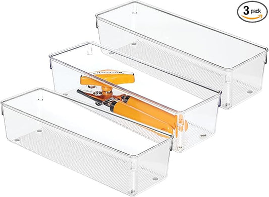 iDesign Plastic Drawer Organizer Bins, Set of 3, Clear | Storage for Kitchen, Storage for Bathroom, Storage for Desk Drawers