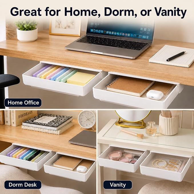 Under Desk Drawer, 2 Pack Self Adhesive Slide Out Desk Storage Drawers | Hidden Desk Drawer Organizer Attachment for Pens, Notes, Earbuds, Cables and Small Office Accessories, White