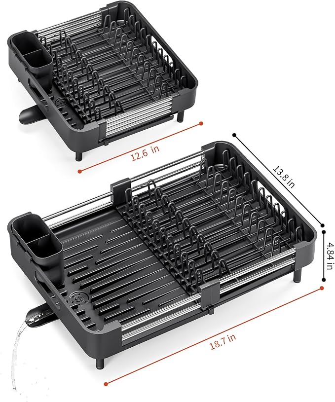 TOOLF Dish Drying Rack Expandable Drainer w/Cutlery & Cup Holder, Black | Stainless Steel &PP, Extenable 12.6" to 18.7"D, Anti-Rust, Auto-Drainage, Space-Saving, Fit for Various Sink Countertops
