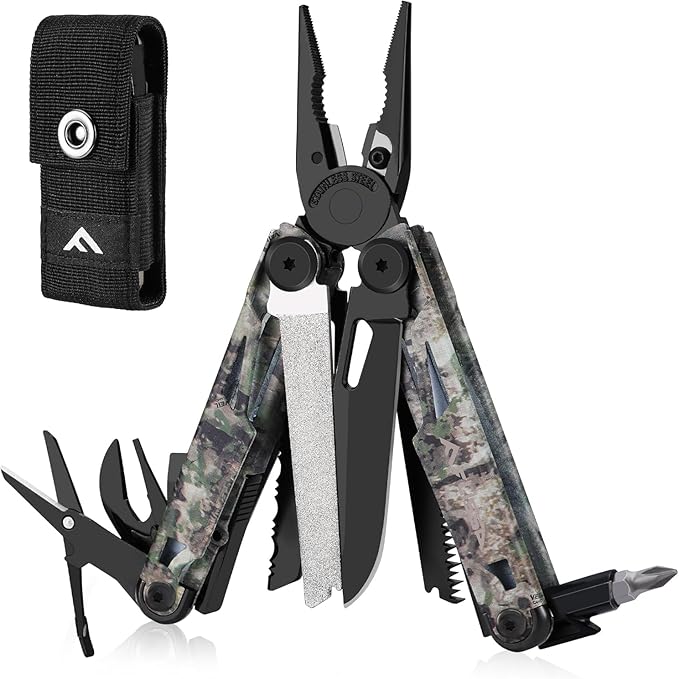 FLISSA 15-in-1 EDC Multitool Pliers with Sheath, Pocket Knife | Stainless Steel with Knife, Saw and Screwdrivers. Nylon Carry Case for Camping Fishing Survival, EDC Gear, Camo Finish