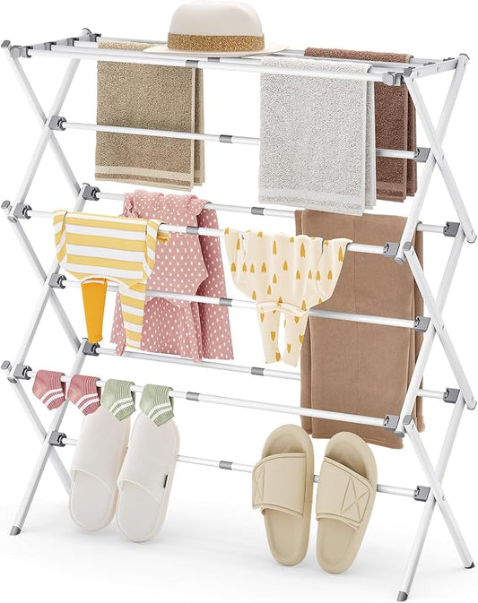Clothes Drying Rack Foldable, Laundry Drying Rack 3 Tier, Foldable Metal Clothing Dryer for Cloth Towel Shirt, Collapsible Clothe Horse Compact Storage, Clothes Airer Indoor Outdoor, White