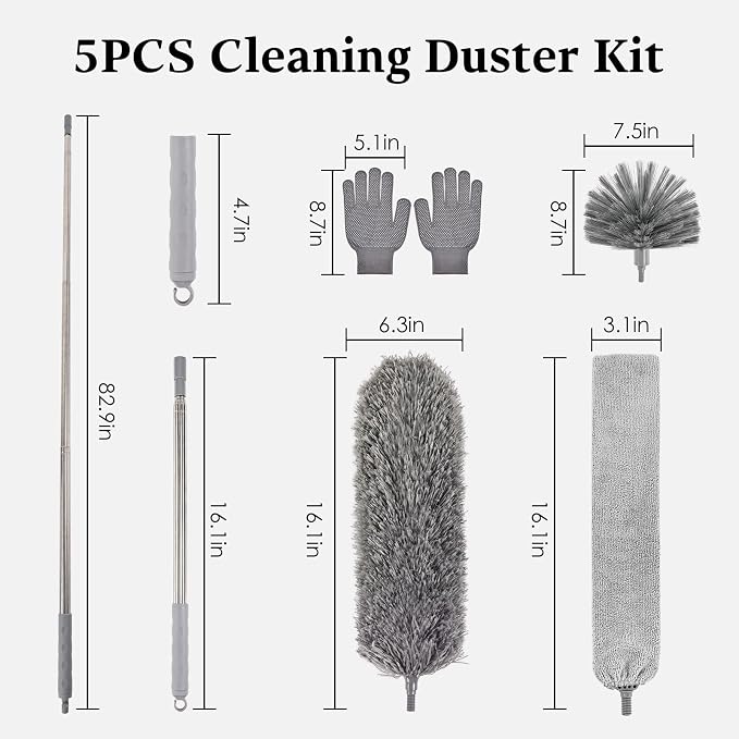 Cobweb Duster with Extension Pole, Washable Cleaning Microfiber Feather Duster 5-in-1 Kit with 3 Duster Heads, 100'' Bendable Extendable Long Duster for High Ceilings, Fans, Blinds, Furniture & Car
