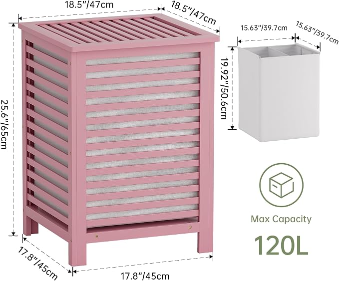 SMIBUY Double Laundry Hamper with Lid, 120L Bamboo Laundry Basket with Removable Liner Bag, 2-Section Clothes Divider Laundry Sorter for Laundry Room, Bathroom, Bedroom (Pink)