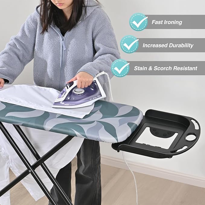 APEXCHASER Foldable Ironing Board Full Size, Iron Board with Heat Resistant Cover, Iron and Ironing Boards Set with 7-Lever Height Adjustable, Iron Table Stand with Non-Slip Metal Legs 14x54,Blue