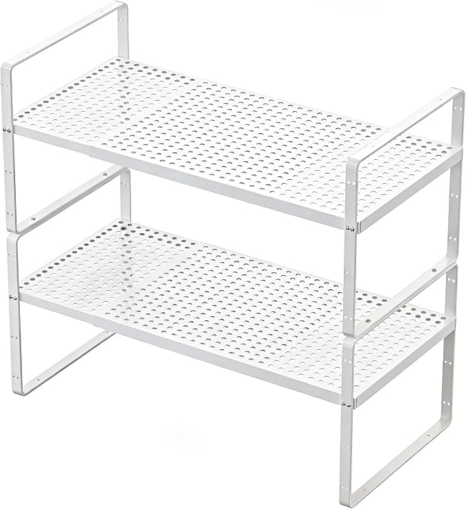 Expandable Kitchen Shelf Organizers, Kitchen Cabinet Organizer Stand Rack Organization for Countertop Cupborad Pantry, White 2 Pack