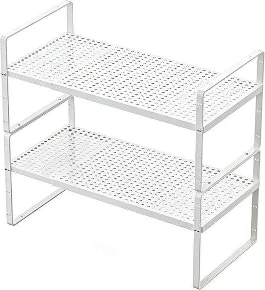 Expandable Kitchen Shelf Organizers, Kitchen Cabinet Organizer Stand Rack Organization for Countertop Cupborad Pantry, White 2 Pack