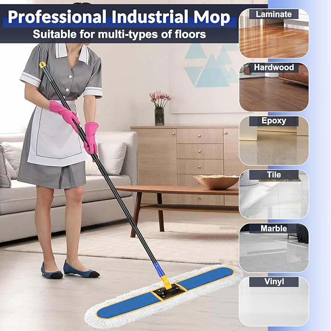 CLDREAM 24" Commercial Dust Mop for Floor Cleaning with 2 Mop Head, Large Industrial Push Broom Mops with 60" Long Handle,Wet Dry Floor Duster for Concrete Hardwood Tiles Marble Floors