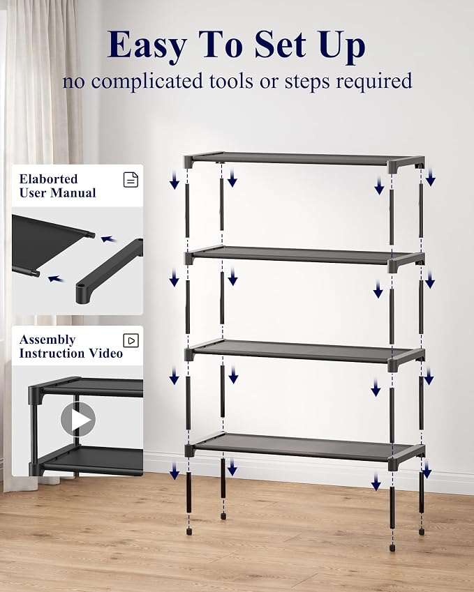 Kitsure Shoe Rack - Non-Woven Shoe Rack Shelf, Shoe Organizer for Closet, Entryway, Garage & Corridor, Stackable Shoe Shelves, X-Large, Black
