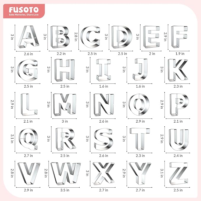 FUSOTO 26PCS Alphabet Letters Cookie Cutters Set, DIY Alphabet Cake&Cookie, Stainless Steel Cookie Cutters for Baking, Letters Shaped Baking Tool for Homemaking Biscuits, Cookie, Dough