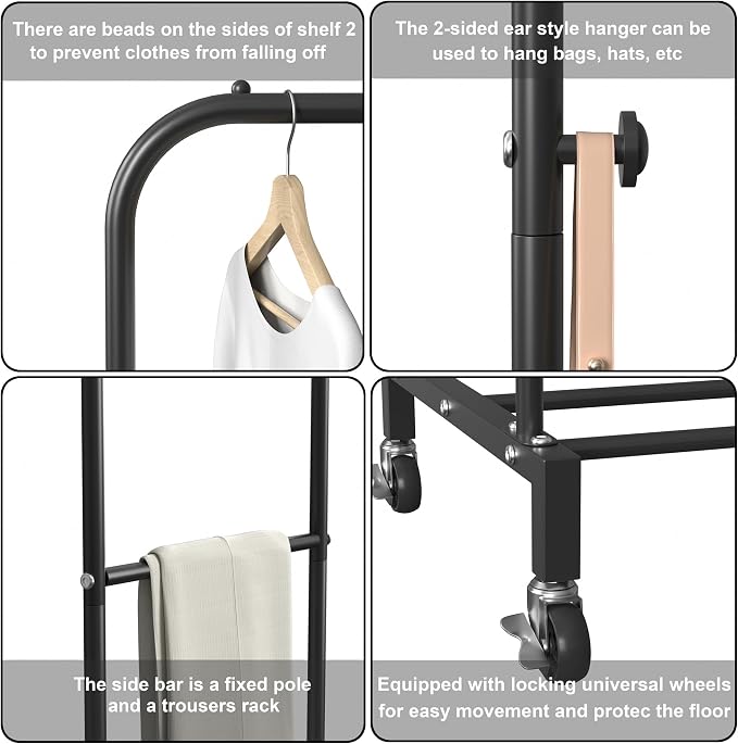 Sooyee Double Rod Clothing Rack with Wheels, 3 Tier, Black | Garment Racks for Hanging Clothes, Portable, 4 Hooks, For Bedroom, Laundry Room