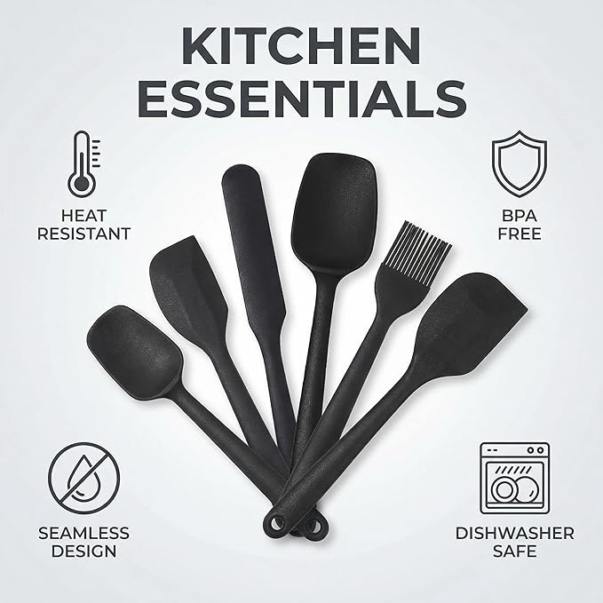 6-Piece Silicone Spatula Set, Non-Stick & Stainless Steel Core, BPA-Free, Dishwasher Safe Kitchen Utensils for Baking, Cooking, Mixing (Black)