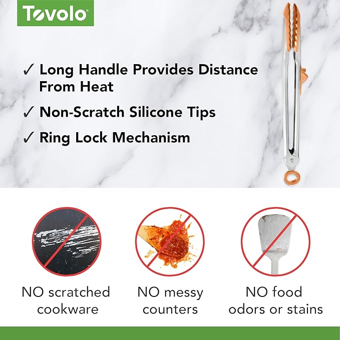Tovolo Tongs With Silicone Tips Easy Grip 13” Long Kitchen Tongs Stainless Steel Handle For Cooking BBQ, Non Scratch Heat Resistant Metal Silicone Tipped Dishwasher Safe BPA Free Apricot Orange