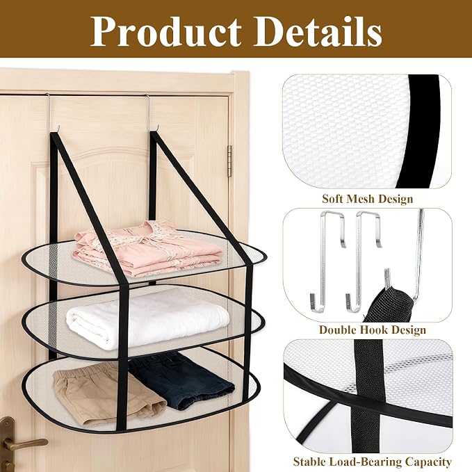 Tiiyee 2 Pcs 3 Tier Sweater Drying Rack, Foldable Flat Over The Door Rack | Hanging Sweater Dryer Folding Mesh Clothes Dry Hanger Large Lay for Small Spaces Apartments Dorms Bathrooms Laundry Garment