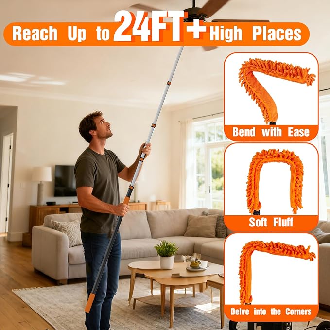 SISUPASSIE 24FT Duster Cleaner Kit, Dusters for Cleaning with Extension Pole, Baseboard & Wall and Window Cleaner Mop for Fan Blades, High Ceiling and Cobweb