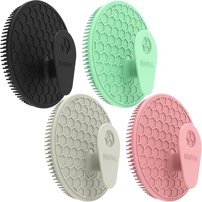 Silicone Body Scrubber 4 Pack, BEAUTAIL Gentle Exfoliating Shower Scrubber | Hygienic Silicone Loofah, Easy-Grip Handle, Soft Bath Brush for Sensitive Skin, Women, Men & Kids (Black+Gray+Pink+Green)