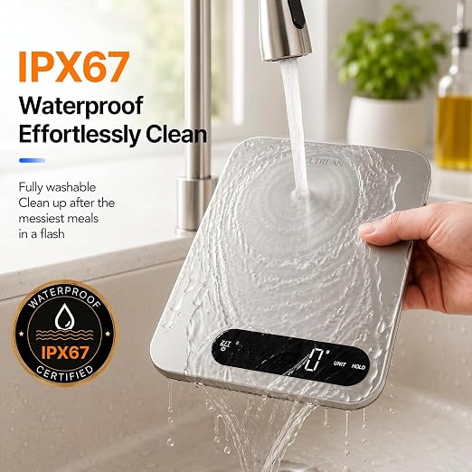 Ultrean IPX7 Waterproof Digital Food Scale, 33lb Kitchen Scale with Grams and Ounces (g/oz), Rechargeable Type-C, 1g Precision, 304 Stainless Steel, LED Display for Cooking, Baking & Meal Prep