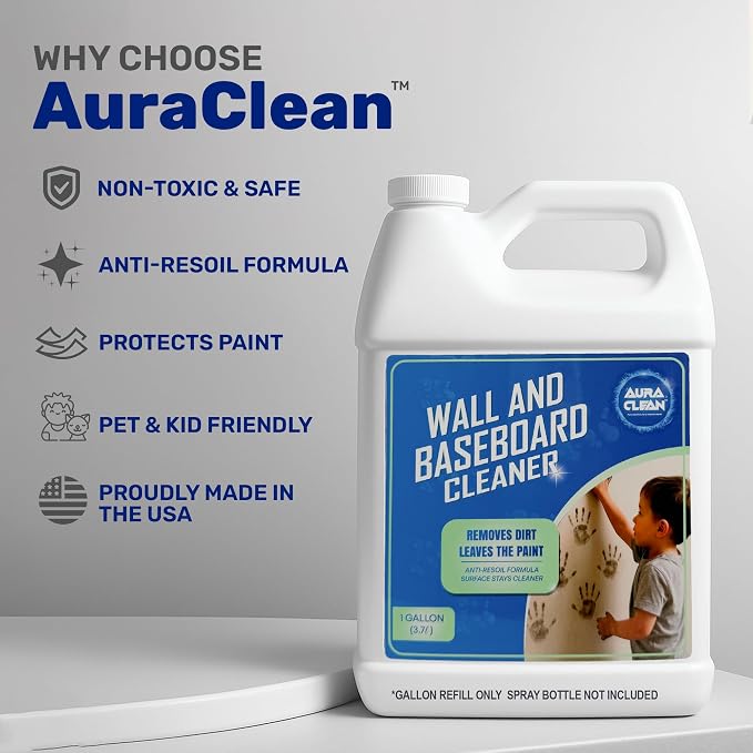 Wall & Baseboard Cleaner for Painted Walls, Cabinets, Doors & Trim | Non-Toxic, No-Rinse Spray | Anti-Resoil, Streak-Free Formula | Kid & Pet Safe | 128 oz (1 Gallon) | Made in USA