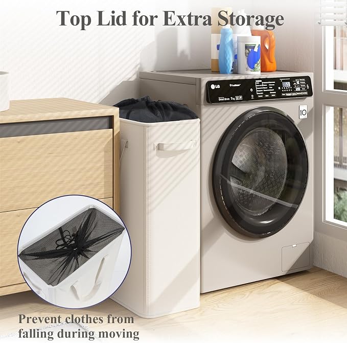 Optish 50L Slim Laundry Hamper, Baby Hamper for Nursery with Handles, Narrow Laundry Basket for Dorm, Bedroom, Living Room, Collapsible Laundry Basket, White