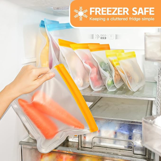 10 Pack Dishwasher Safe Reusable Bags, Leakproof Reusable Freezer Bags, BPA Free Food Storage Bags for Lunch Marinate Food Travel - 3 Gallon 3 Snack 4 Sandwich Bags