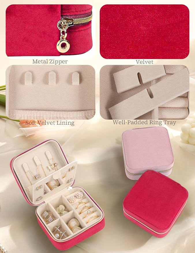 MFXIP Plush Velvet Travel Jewelry Case Small Jewelry Box Jewelry Organizer Storage Case Portable Jewelry Travel Case for Girls Womens Earring, Necklace, Rings,Bracelets with Mirror