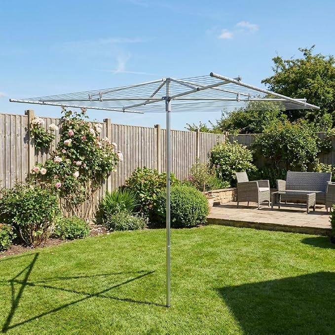 Household Essentials 17130-1 Rotary Outdoor Umbrella Drying Rack | Aluminum | 30-Lines with 210 ft. Clothesline,Silver