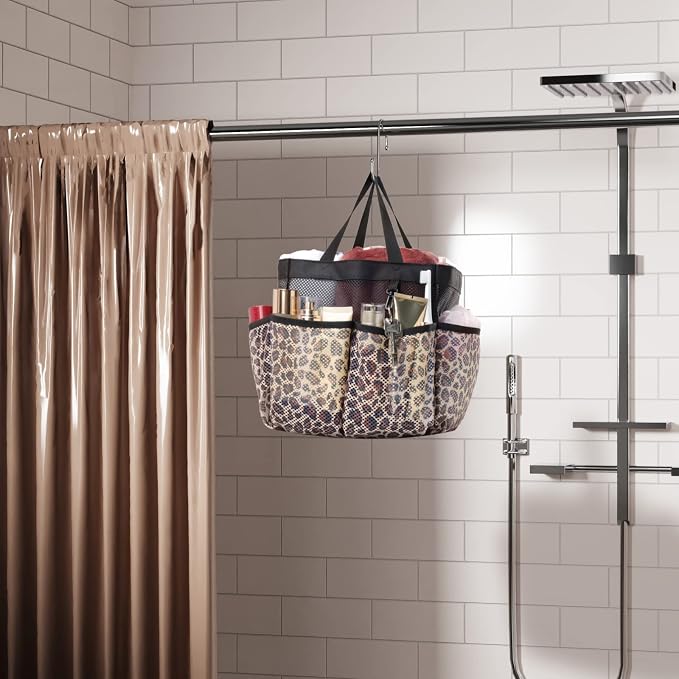 Mesh Shower Caddy Portable - 8 Pockets, S-Hook, Shower Bag for Dorm Camping | 2-Handle, Quick-Dry, Hanging Toiletry Organizer, College Dorm Room Essentials for Girls, Gym, Travel & Bathroom, Leopard