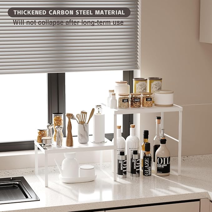 Kitchen Counter Oganizer Stackable Spice Rack for Countertop Kitchen Countertop Organizer Heavy Duty Kitchen Counter Shelf Metal Spicy Shelf for Countertop (2 Pack, White)