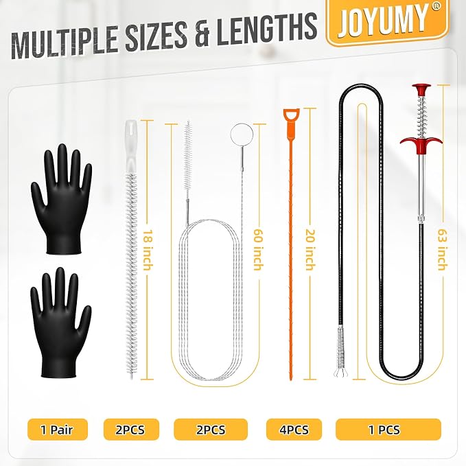 10PCS Drain Snake Kit, 63" Heavy Duty Plumbing Auger, 60" Sink Snake Brush, 20" Clog Remover, 18" Cleaning Brush with Gloves, Pipe Cleaner for Kitchen Sink, Bathtub, Toilet, Sewer Drainage