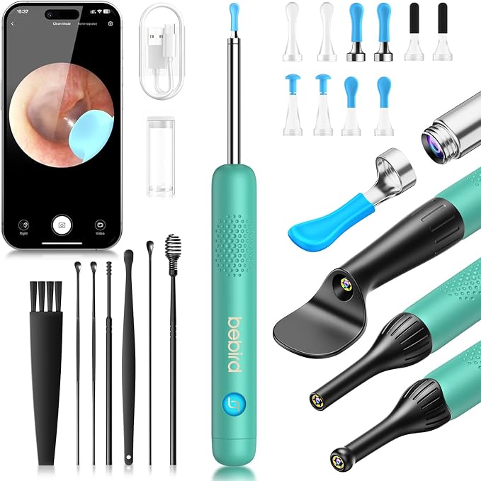 BEBIRD R1 Wax Removal Tool for Ear - Spade Ear Canal Cleaner with Camera 1080P Earscope, Wax Remove Ear Picker with Vari Replacement Tips, Camera with 6LED Light, Green