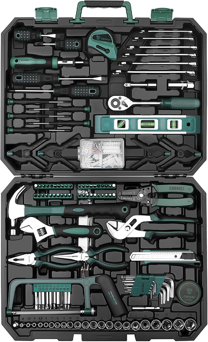 DEKOPRO Tool Set: 228 Piece Home Tool Kit, Household Basic Repair Tool Set Comes with Storage ToolBox, Socket Wrench Set for Car, Hand Tool Box Set for Home - Green
