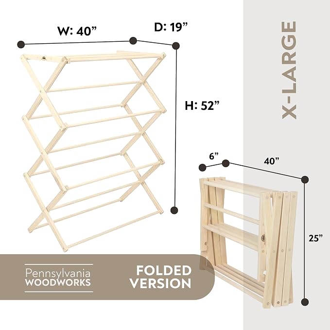 Pennsylvania Woodworks Premium American Maple Clothes Drying Rack - Handcrafted in Pennsylvania - Solid Wood Construction, Collapsible, Eco-Friendly Laundry Solution (X-Large)