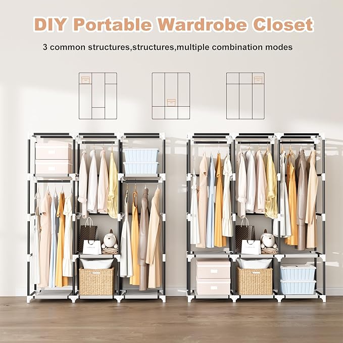 Portable Closet with Cover, 3 Hanging Rods and Side Pocket, Sturdy Free Standing Closet, White