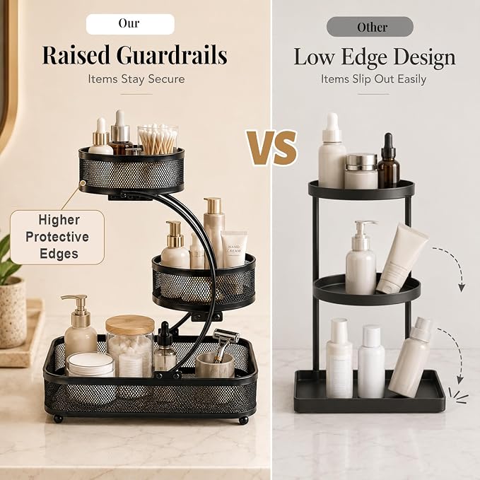 3 Tier Bathroom Counter Organizer-Cologne Organizer | Water-Resistant Open Metal Vanity Organizer, Ultra-Stable Dresser Top Shelf with Strong Load Capacity, Black
