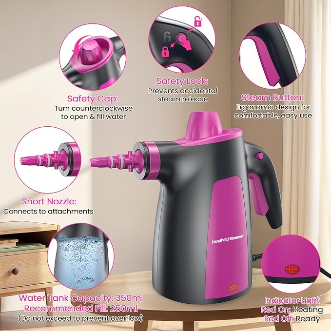 Steam Cleaner, Pressurized Handheld Multi-Surface Natural Steam Cleaner with 12pcs Accessory & Safety Lock, Portable Steamer for Cleaning Home, Kitchen, Bathroom, Car, Upholstery, Grout, Window