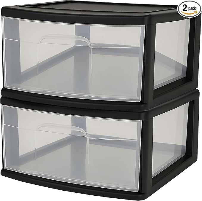 HOMZ 2-Pack 1-Drawer Storage Cart, Clear Plastic Container, 15" Wide Body, Black Frame - Organizing Drawer Containers for Home, Bathroom, Bedroom, Office, and Classroom