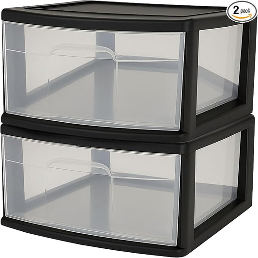 HOMZ 2-Pack 1-Drawer Storage Cart, Clear Plastic Container, 15" Wide Body, Black Frame - Organizing Drawer Containers for Home, Bathroom, Bedroom, Office, and Classroom