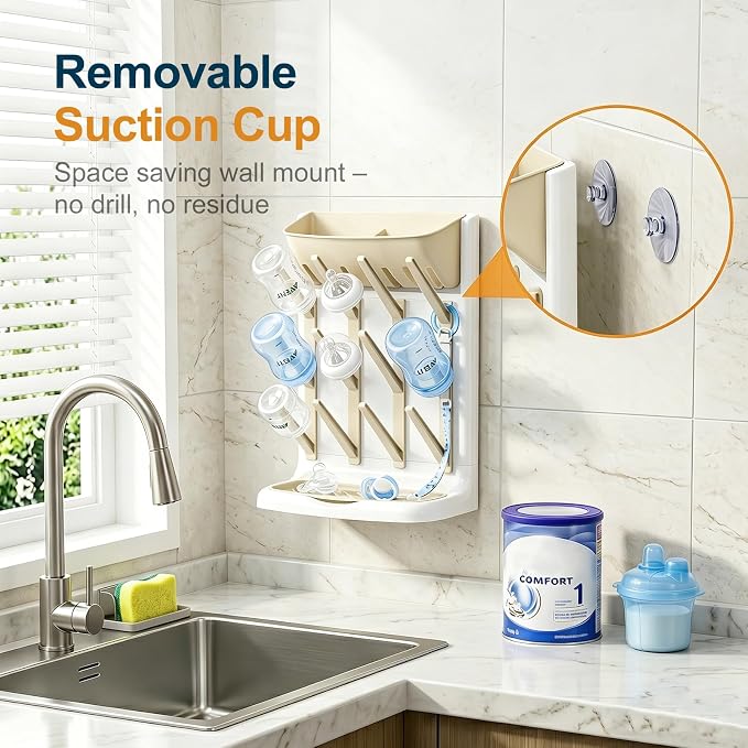 GoMaihe Baby Bottle Drying Rack: Space Saving Vertical Bottle Dryer Holder | Baby Accessories Storage Stand Organize Brushes Pacifiers on Countertop - BPA-Free - Beige