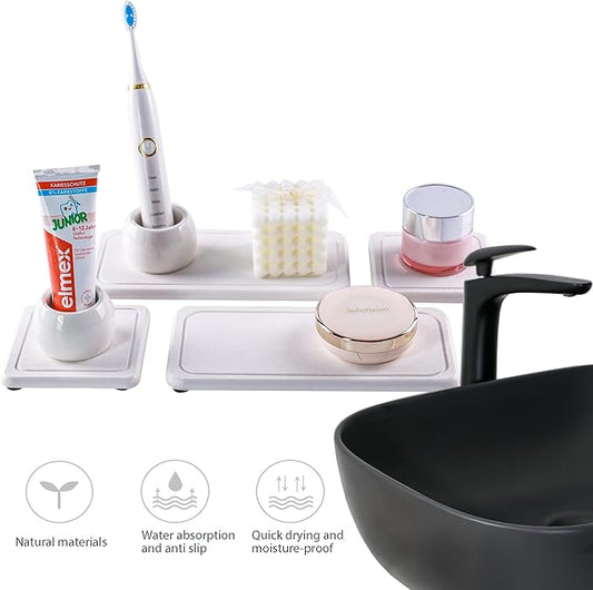 NiuYichee 2 Pcs Water Absorbing Stone Trays, Kitchen/Bathroom Sink Soap Dish, Diatomite Tray Used for Hand Soap & Cosmetic Bottles in The Modern Home, 4" W x 8.3" L, White