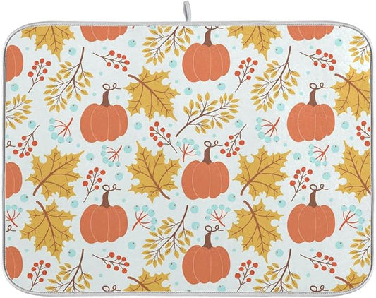 Fall Pumpkin Dish Drying Mat for Kitchen Autumn Maple Leaves Thanksgiving Day Microfiber Drying Mats Absorbent Reversible Dish Pad Large Dish Draining Mat 18x24 inch