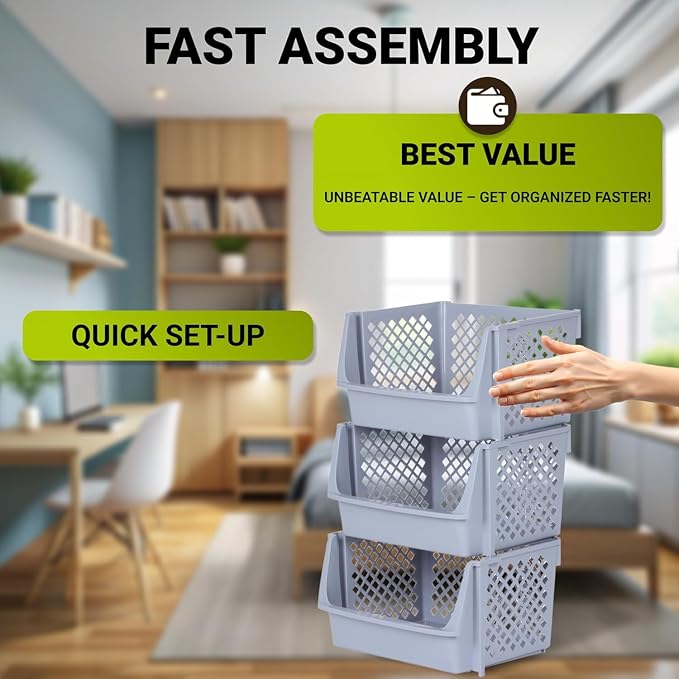 XLarge Stackable Storage Bins Open Front for Pantry, 6 Pack - Light Grey | Sturdy Plastic, Easy Stacking, Open Front Access, Ventilated Sides, Vertical & Space Saving Pantry Organizers and Storage Bin
