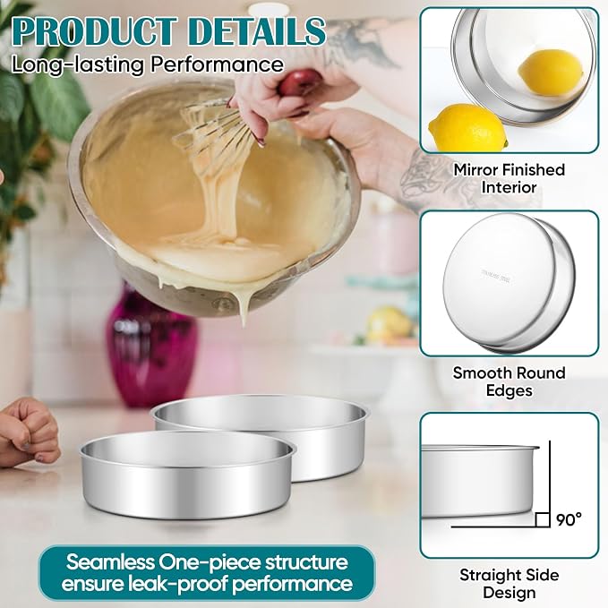TeamFar 7 Inch Cake Pan, Stainless Steel Round Layer Cake Baking Pans Tins for Birthday Wedding, Non-Toxic & Heavy-Duty, Mirror Finish & Leak Proof, Oven & Dishwasher Safe, Set of 2
