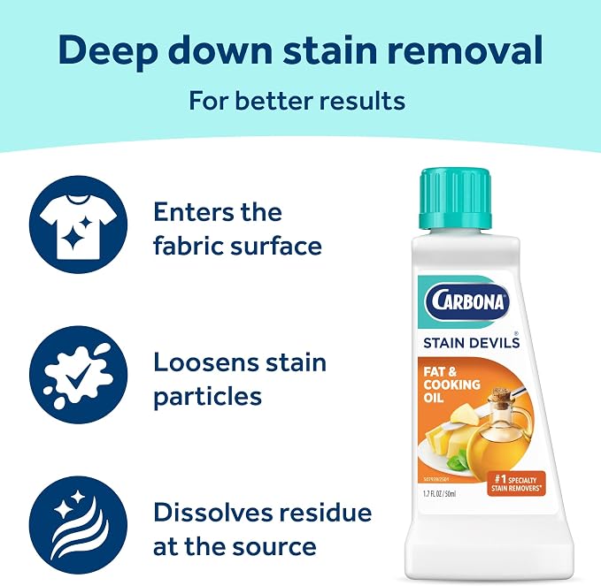 Carbona Stain Devils #5 (1.7 Fl Oz), Targeted Spot Cleaner for Fat & Cooking Oil Stains, Safe on Skin & Washable Fabrics