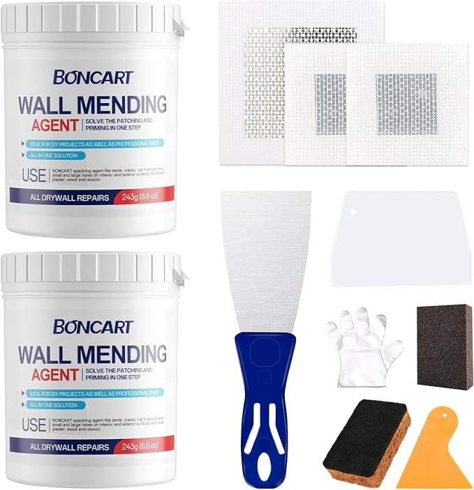 BONCART 17.2Oz Drywall Patch Repair Kit – Professional All-in-1 Tool Set | Includes Scrapers, Sanding Sponge, Texture Sponge, Gloves, Aluminum Patches, And Putty Knife. For Fast Wall Hole Repair