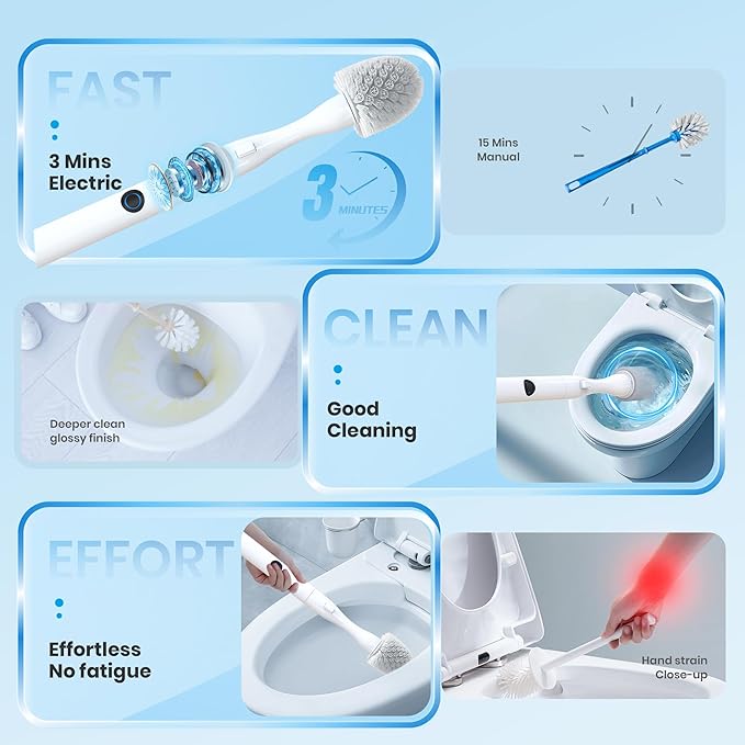 Miadore Electric Toilet Brush with Holder, Hands-Free Auto-Clamp Toilet Scrubber with 3 Replacement Heads (Silicone/Nylon/Disposable) and Gap Brush, Compact Bathroom Cleaning Set for RV